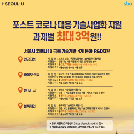 [서울산업진흥원] 포스트 코로나 대응 기술사업화 지원사업(AI/바이오/핀테크/블록체인)