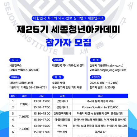 광화문 세종연구소 "제25기 세종청년아카데미" 모집